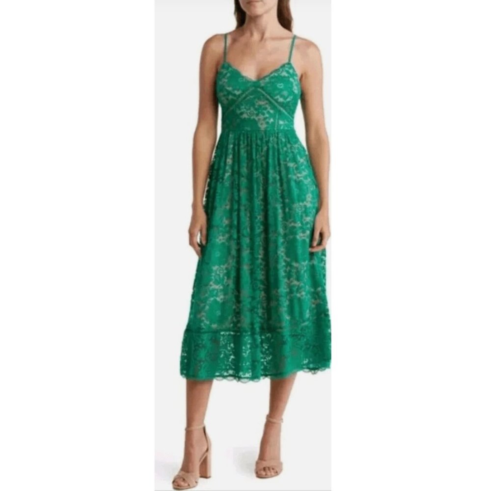 NSR | Crochet Stretch Lace Midi Dress in Emerald Green | Size Medium